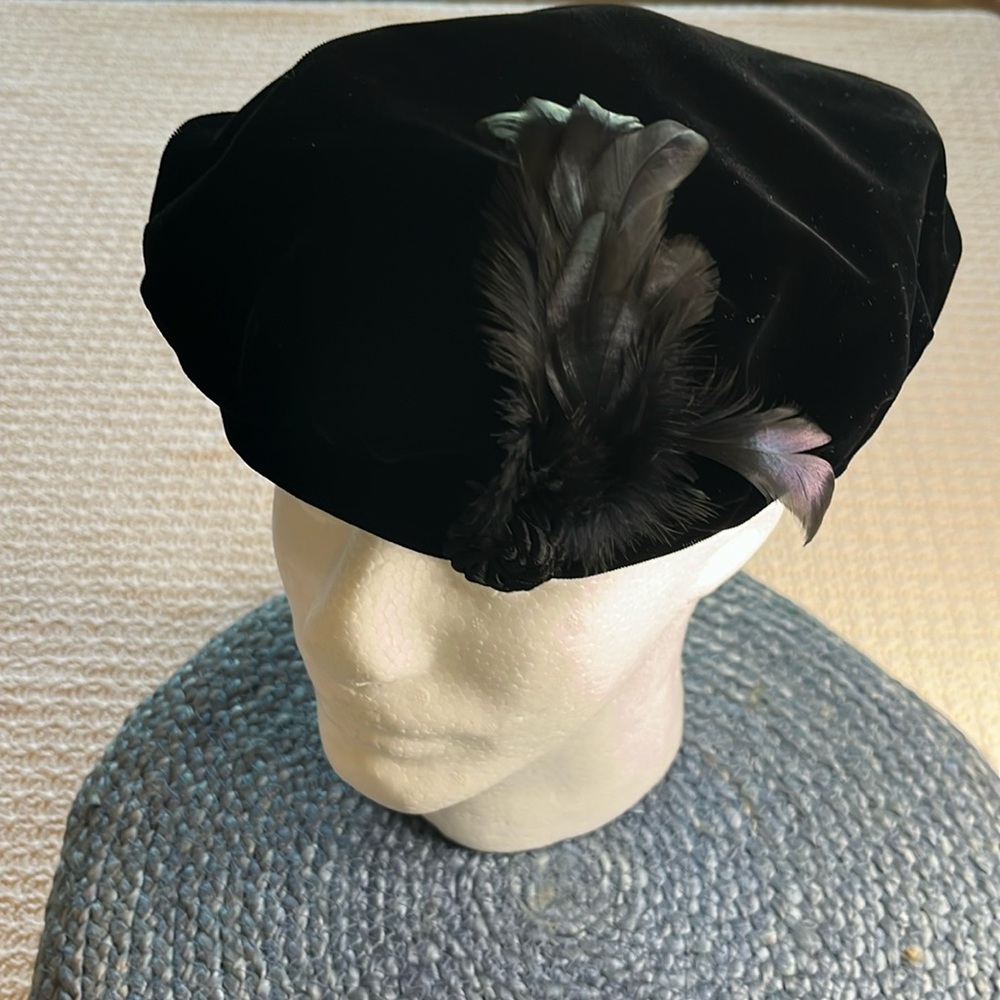 Designers Exclusive Touch- VINTAGE black velvet hat w feathers & braid twist